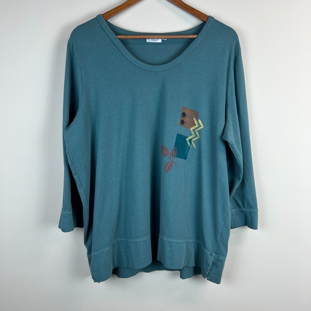 Prairie Cotton Tunic Top Womens Large Green 3/4‎ Sleeve Knit Artsy Art To Wear L